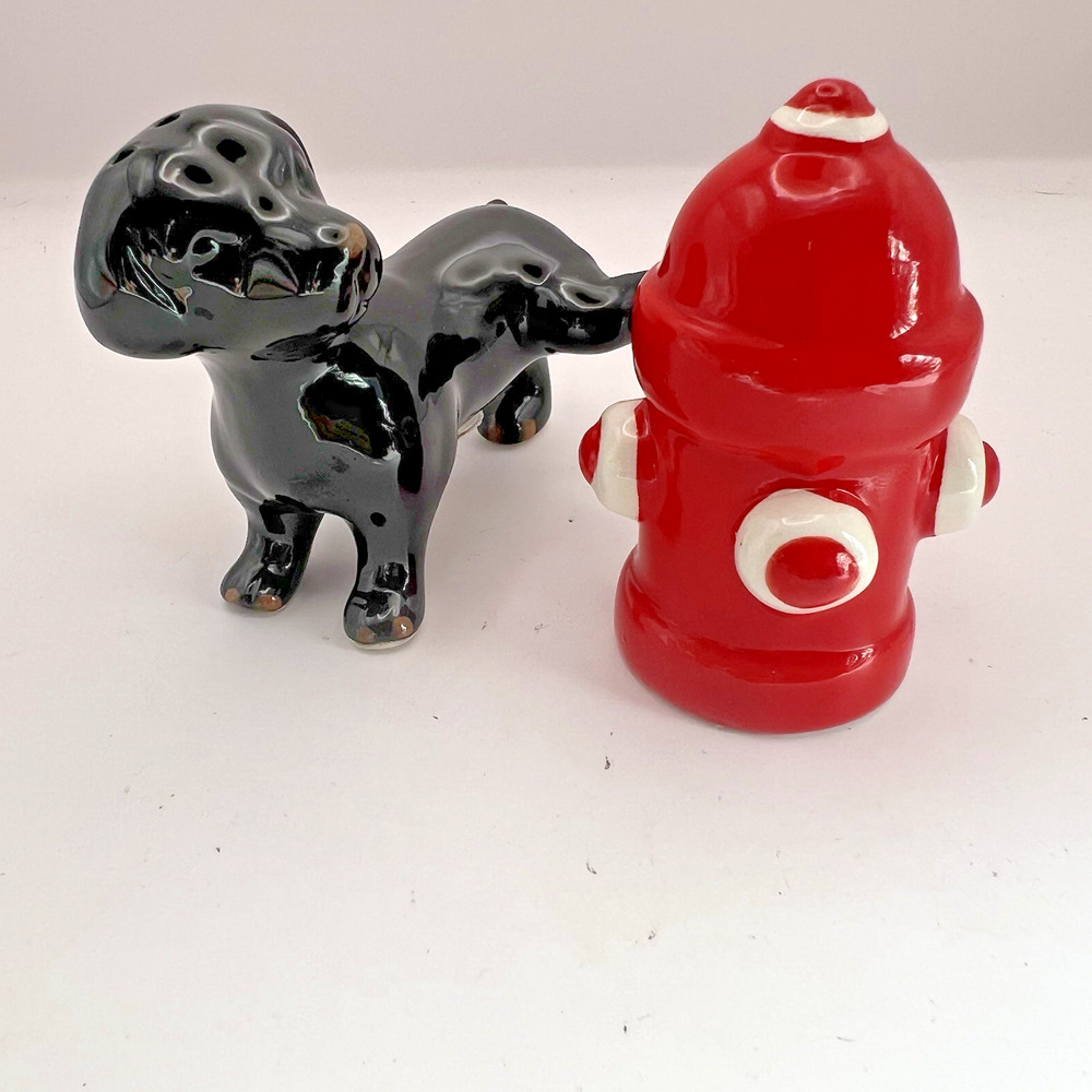 Pier 1 Imports Black Dog and Red Fire Hydrant Salt & Pepper Shakers Ceramic
